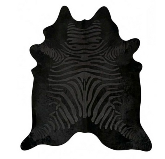 Etched Zebra Printed Cowhide Rug, Black