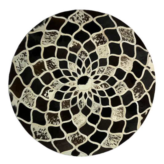 Surat Round Patchwork Cowhide Rug, Black and White