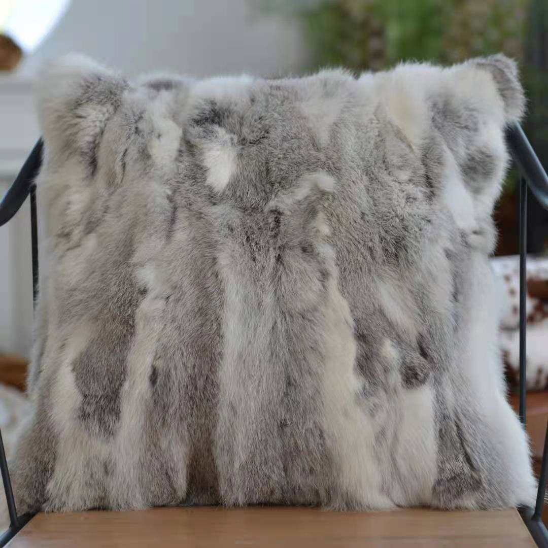 Rabbit Fur Cushion White and Grey