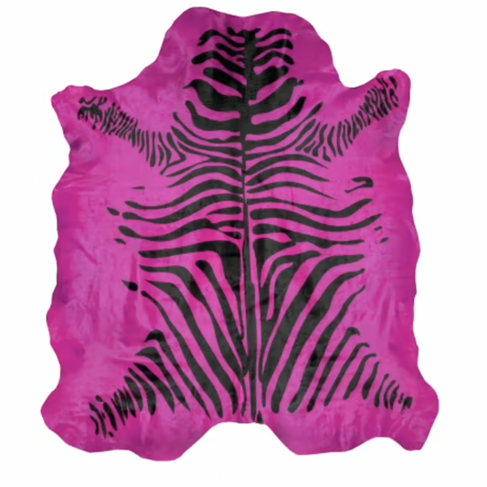 Italian Zebrone Printed Cowhide Rug, Black Stripes Hot Pink Hide